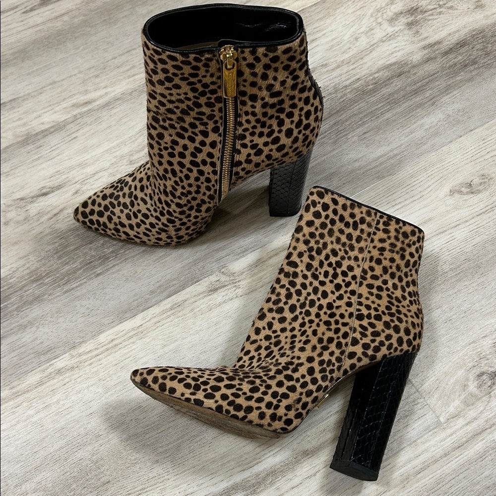 Michael Kors Leopard Calf Hair Embossed Leather Gold Zip Chunky Heel Ankle Boots - Picture 5 of 16
